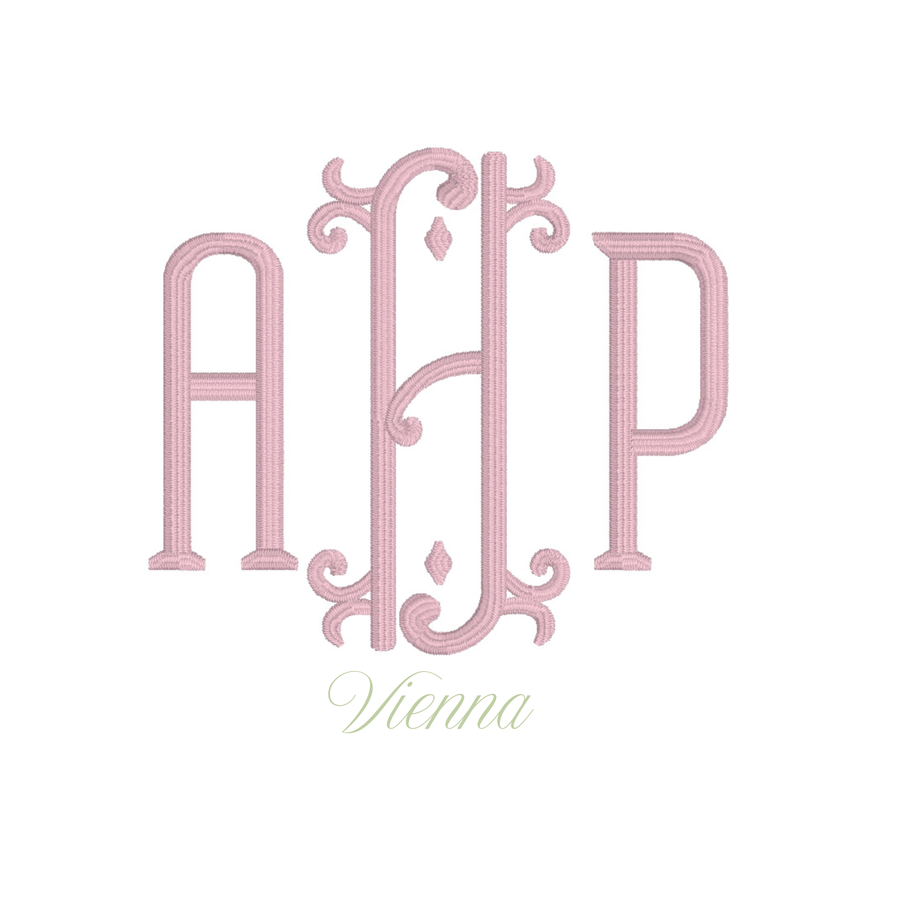 A monogram design featuring the letters A, H, and P in a light pink ornate serif font, with decorative flourishes above and below. The word 'Vienna' appears below in a pale green cursive script on a plain white background.