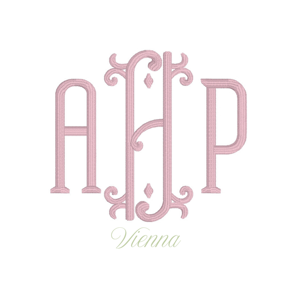 A monogram design featuring the letters A, H, and P in a light pink ornate serif font, with decorative flourishes above and below. The word 'Vienna' appears below in a pale green cursive script on a plain white background.